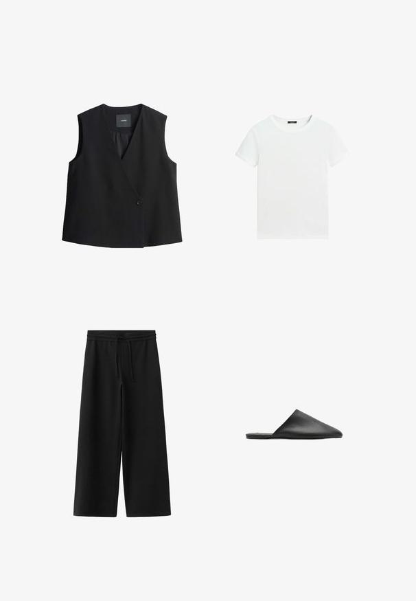Schwarzes ärmelloses Top mit tiefem V-Ausschnitt, vorderem Knopfverschluss und glatter Stoffoberfläche. Einfaches Design, ohne Taschen oder Muster.; Schlichtes weißes T-Shirt mit kurzen Ärmeln, rundem Halsausschnitt und einem kleinen schwarzen Etikett innen am Kragen.; Schwarze weit geschnittene Hose mit elastischem Bund und Kordelzug, aus weichem Stoff, flach auf weißem Hintergrund gezeigt.; Schwarzer Slip-On-Schuh aus Leder mit spitzer Spitze und glatter Textur, der ein minimalistisches Design und eine flache Sohle aufweist.
