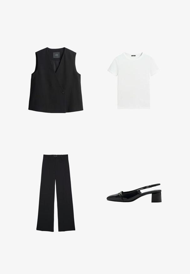 Schwarzes ärmelloses Top mit tiefem V-Ausschnitt, vorderem Knopfverschluss und glatter Stoffoberfläche. Einfaches Design, ohne Taschen oder Muster.; Schlichtes weißes T-Shirt mit kurzen Ärmeln, rundem Halsausschnitt und einem kleinen schwarzen Etikett innen am Kragen.; Schwarze Hosen mit weitem Bein, Gürtelschlaufen, vorderer Knopfleiste und Reißverschluss, flach auf einem weißen Hintergrund liegend.; Schwarzer Slingback-Schuh aus Lackleder mit niedrigem Blockabsatz und kleinem Metallverschluss an der Seite.
