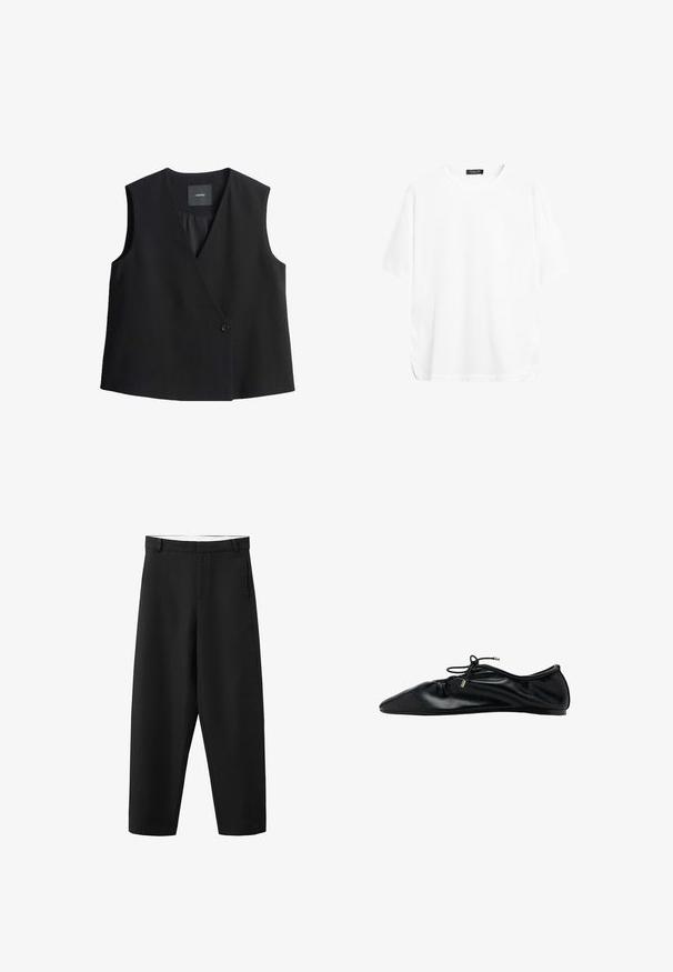 Schwarzes ärmelloses Top mit tiefem V-Ausschnitt, vorderem Knopfverschluss und glatter Stoffoberfläche. Einfaches Design, ohne Taschen oder Muster.; Schlichtes weißes T-Shirt mit kurzen Ärmeln und Rundhalsausschnitt mit einem schwarzen Markenlabel am Kragen, dargestellt vor weißem Hintergrund.; Schwarze gerade geschnittene Hose mit Gürtelschlaufen, einem Frontreißverschluss und einem sauberen, schlichten Design, geeignet für formelle oder legere Anlässe.; Schwarzer Ballettflachschuh aus Leder mit geraffter Spitze und Schnürung mit Metallenden, minimalistischer und eleganter Seitenansicht.