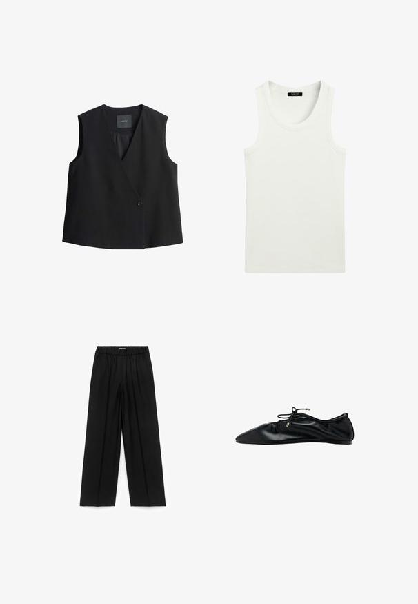 Schwarzes ärmelloses Top mit tiefem V-Ausschnitt, vorderem Knopfverschluss und glatter Stoffoberfläche. Einfaches Design, ohne Taschen oder Muster.; Weißes ärmelloses, geripptes Tanktop mit rundem Ausschnitt und Etikett im Krageninnenseite.; Schwarze, weit geschnittene Hosen mit elastischem Bund und seitlichen Taschen, aus glattem Stoff, flach auf einem weißen Hintergrund ausgelegt.; Schwarzer Ballettflachschuh aus Leder mit geraffter Spitze und Schnürung mit Metallenden, minimalistischer und eleganter Seitenansicht.