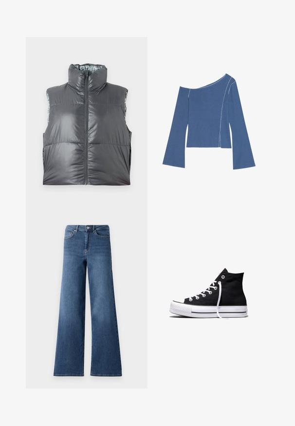 Grijze puffy vest met hoge kraag en een voorrits. Heeft een glanzende buitenkant en een gemusterd binnenvoering. Lichtgewicht en mouwloos ontwerp.; Even&Odd by Zalando Longsleeve - dark denim; Bredere blauwe denim jeans met een standaard tailleband, steekzakken en een gladde textuur. Geen zichtbare patronen of versieringen.; Zwarte hooggesloten canvas sneaker met witte rubberen zool en witte veters, zijwaarts weergegeven op een witte achtergrond.