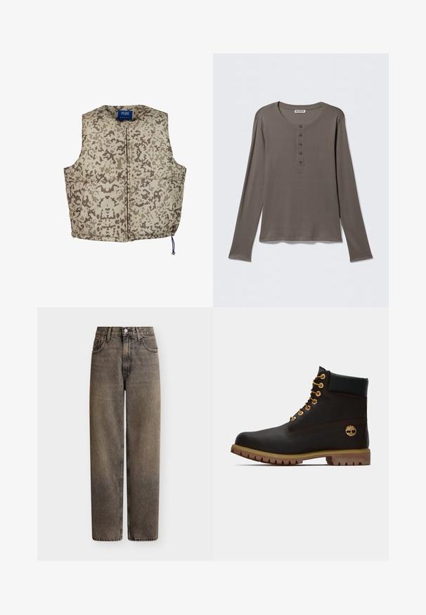 Chaleco acolchado en un patrón de camuflaje beige y marrón, con cremallera frontal, cuello redondo y cordón ajustable en la parte inferior.; Camiseta henley gris de manga larga con cinco botones y cuello redondo, presentada sobre un fondo blanco liso.; Vaqueros de mezclilla negra desteñida, de cintura alta y pierna recta, con botón frontal, cierre de cremallera y diseño de cinco bolsillos sobre un fondo liso.; Bota de cuero negro de tobillo con ojales dorados, acentos marrones y suela de goma. Presenta un cuello acolchado y un logotipo en relieve en el costado.