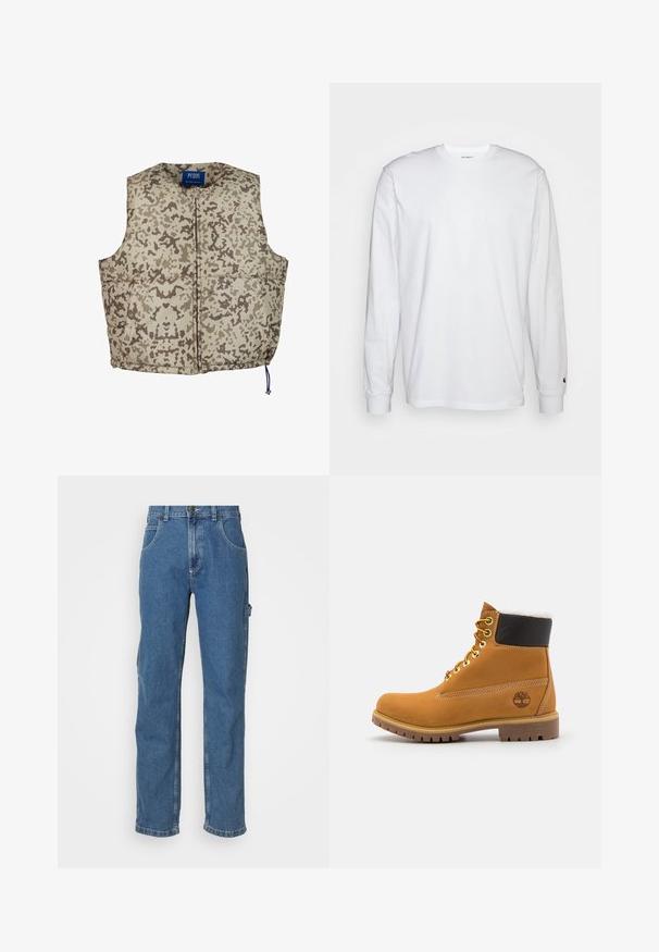 Chaleco acolchado en un patrón de camuflaje beige y marrón, con cremallera frontal, cuello redondo y cordón ajustable en la parte inferior.; Camiseta blanca de manga larga hecha de algodón. Diseño de cuello redondo con puños acanalados y un pequeño logo en la manga izquierda. Textura suave.; Jeans de mezclilla azul claro con corte recto, cinco bolsillos y un ligero efecto de desgaste en la tela. Presenta un cierre de botón y cremallera.; Botín de cuero marrón con ojales de metal, forro de piel sintética blanca, cuello acolchado negro, suela resistente y logotipo en relieve en el costado.