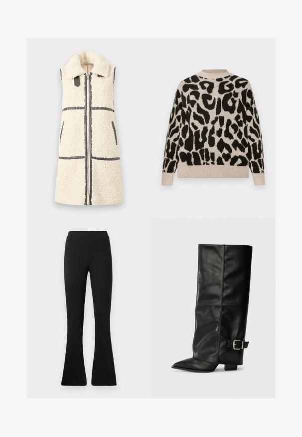 Gilet sans manches en sherpa blanc avec un grand col, fermeture éclair à l'avant, deux poches et détails en bord noir.; Pull beige avec un audacieux imprimé léopard noir, doté d'un col rond et de poignets et d'un ourlet côtelés pour une texture subtile.; Pantalons noirs à côtes évasés avec une taille haute. Le matériau doux et élastique offre une silhouette ajustée et un bas évasé pour le style et le confort.; Bottes noires en cuir longueur cheville avec un bout pointu, texture lisse et une accent en boucle argentée sur le côté. Talon carré épais.