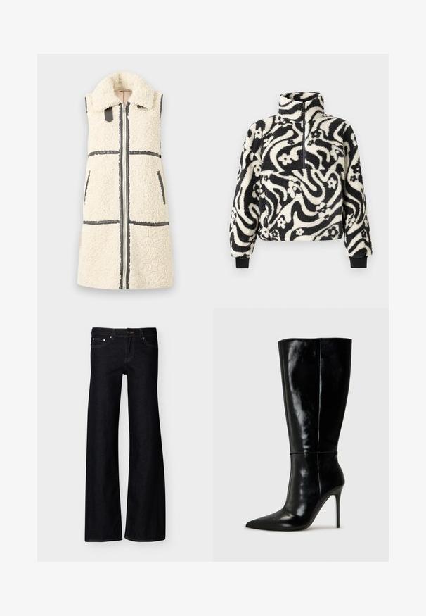 Gilet sans manches en sherpa blanc avec un grand col, fermeture éclair à l'avant, deux poches et détails en bord noir.; Pull-over en polaire noir et blanc avec un col haut, décoré d'un motif floral tourbillonnant et de manches à bords côtelés. Fermeture éclair à l'avant.; Jean denim noir à jambes larges avec poches avant, fermeture par bouton, et coutures apparentes, présenté sur un fond blanc uni.; Bottes noires en cuir, hautes jusqu'au genou, avec un bout pointu et un talon aiguille haut. Texture lisse et design épuré, avec un minimum de détails.