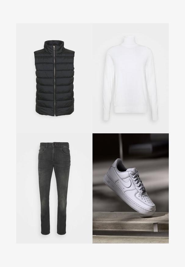 Gilet rembourré noir avec un col montant, doté d'une fermeture éclair centrale et d'un motif matelassé horizontal. Le matériau semble lisse et léger.; Pull à col roulé blanc avec des manches longues, fabriqué en tissu lisse. Présente un design ajusté et des poignets et un ourlet côtelés. Pas de motifs ni d'accents.; Jean en denim noir avec une coupe slim, un design à cinq poches, des coutures visibles et un motif légèrement délavé. Il est doté d'une fermeture à bouton et de passants de ceinture.; La basket Nike Air Force 1 en cuir blanc présente un embout perforé, des lacets plats et une semelle en caoutchouc texturée avec le logo « AIR » sur le côté.