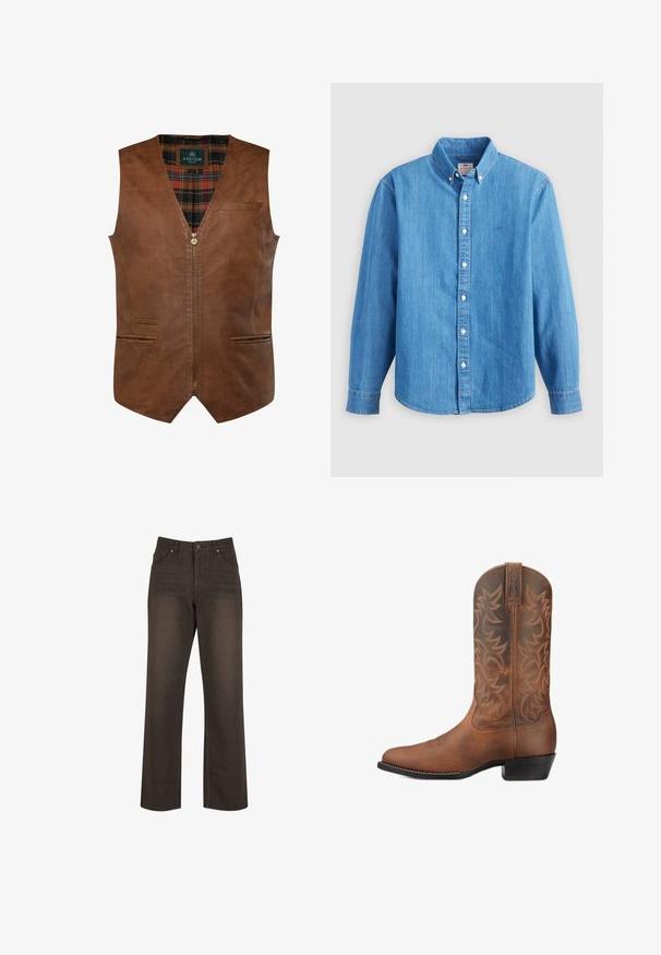 Chaleco de cuero marrón con un diseño de escote en V, que presenta un zipper frontal, dos bolsillos laterales y un forro interior de cuadros. Textura suave con costuras en contraste.; Camisa de mezclilla azul claro con mangas largas, cuello abotonado y botones blancos. Presenta un pequeño logo bordado en el pecho.; Pantalones de mezclilla marrón con corte de pierna recta, con diseño de cinco bolsillos, cierre de botón y textura sutil en la tela.; Bota de vaquero de cuero marrón con patrones decorativos cosidos y un tacón apilado bajo, mostrada de lado sobre un fondo blanco.