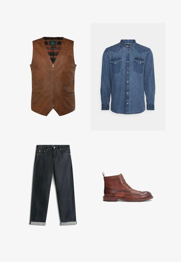 Brun lædervest med V-halsdesign, der har en frontlynlås, to sidelommer og et ternet for. Glat tekstur med dekorative sømme.; Blå denimskjorte med lange ærmer, to brystlommer og trykknapper, vist på en enkel, lys baggrund.; Mørkeblå denimjeans med opsmøgede bukseben, fem lommer og kontrastsyning, lagt fladt på en hvid baggrund.; Brune læderstøvle med dekorative brogue-detaljer, rund tå, snøredesign og lav stak heel. Inkluderer en bageste pull-tab.