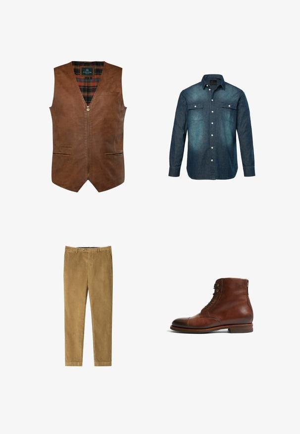 Brun lædervest med V-halsdesign, der har en frontlynlås, to sidelommer og et ternet for. Glat tekstur med dekorative sømme.; Denimskjorte, mørkeblå, lange ærmer, knapkrave, to brystlommer, sølvknapper, slidt tekstur, lige kant.; Kaki corduroy bukser med slim fit, der har flad front, lynlås og fem lommer. Blød tekstur med lodret ribbet detalje.; Brune læder ankelstøvler med en rund tå, 6 øjer og en glat tekstureret overflade. Har en lav stablet hæl og kontrasterende syning.