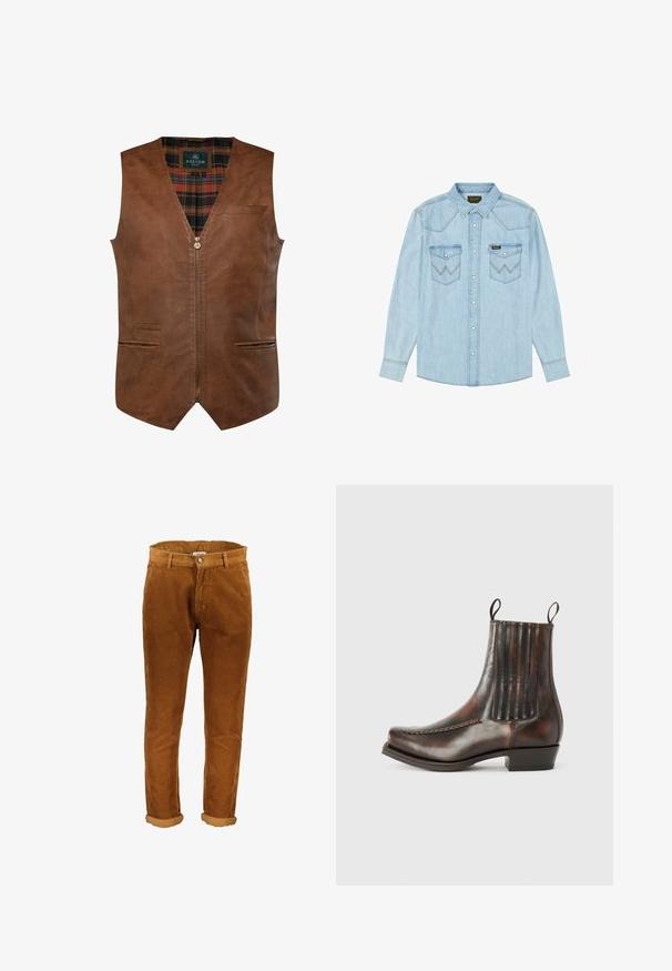 Brun lædervest med V-halsdesign, der har en frontlynlås, to sidelommer og et ternet for. Glat tekstur med dekorative sømme.; Lyseblå denimskjorte med lange ærmer og trykknapper, to brystlommer med klaplukning og sik-sak-syninger, krave og Wrangler-mærke.; Brune fløjlsbukser med en tekstureret overflade, slim fit, oprullede benender og en enkelt knaplukning i taljen.; Brun læder ankelstøvle med en glat overflade, elastiske sidepaneler, en rund tå, dekorativ syning og en lav blokhæl.