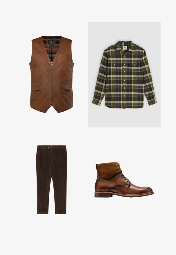 Brun lædervest med V-halsdesign, der har en frontlynlås, to sidelommer og et ternet for. Glat tekstur med dekorative sømme.; Grønternet flannel skjorte med lange ærmer, med to brystlommer og hvide knapper. Materialet har en blød tekstur og et afslappet design.; Brune kordfløjsbukser med lige ben-design, der har en knaplukning, sidelommer og en glat tekstur.; Kazar ALID - Snørestøvletter - brown