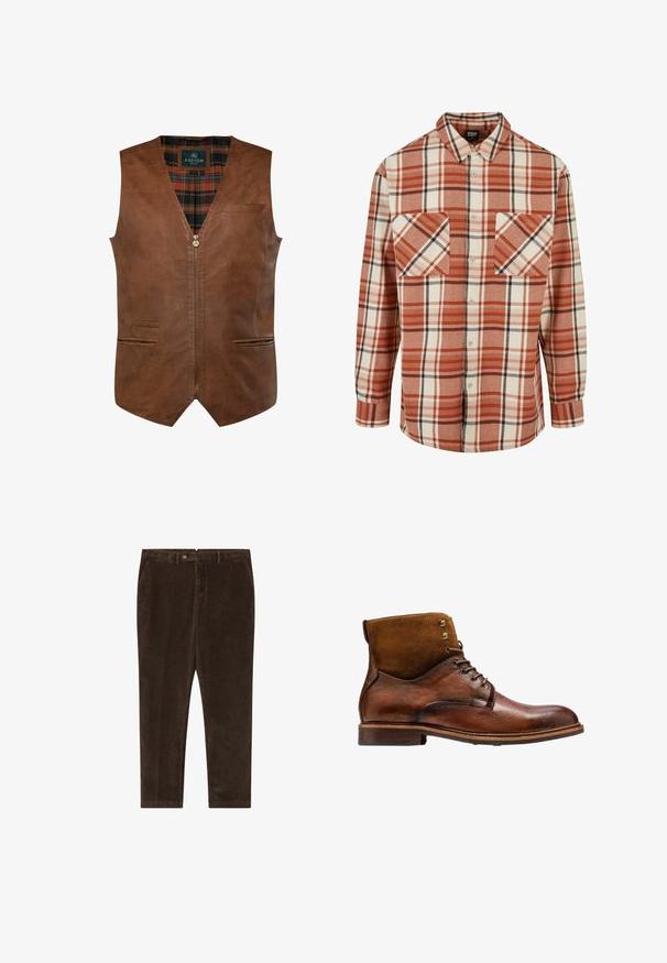 Chaleco de cuero marrón con un diseño de escote en V, que presenta un zipper frontal, dos bolsillos laterales y un forro interior de cuadros. Textura suave con costuras en contraste.; Camisa a cuadros en naranja y crema, con acentos negros. Hecha de una tela texturizada, con cuello y dos bolsillos en el pecho.; Pantalones de pana marrones con un diseño de pierna recta, que cuentan con un cierre de botón, bolsillos laterales y una textura suave.; Kazar ALID - Botines con cordones - brown