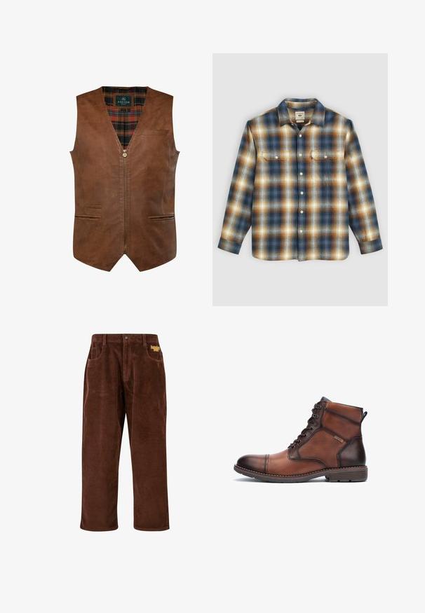 Bruine leren gilet met een v-hals ontwerp, voorzien van een frontzipper, twee zijzakken en een geruite binnenvoering. Gladde textuur met accentstiksel.; Geruite flanellen shirt met blauwe, bruine en crèmekleurige tinten, voorzien van twee borstzakken, knopen aan de voorkant en een klassiek kraagontwerp.; Bruine corduroy broek met een ribbelstructuur, rechte pijpen, voorzakken en een geborduurd geel logo nabij de tailleband.; Bruine leren en stoffen herenschoenen met enkelhoogte, veters, stikdetails, lage hak en merklogo aan de zijkant.