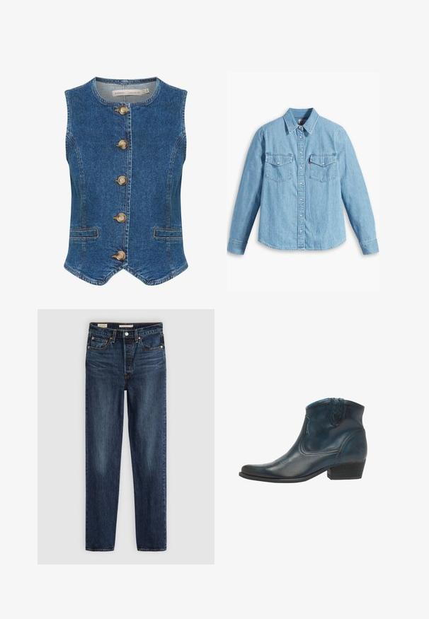 Dunkelblaue Jeansweste mit rundem Ausschnitt, ausgestattet mit fünf großen, goldenen Knöpfen auf der Vorderseite und zwei seitlichen Taschen. Glatte Textur.; Helles blaues Denimhemd mit langen Ärmeln, spitzem Kragen, zwei Brusttaschen, Knopfleiste und subtiler Struktur. Keine sichtbaren Muster.; Dunkelblaue gerade geschnittene Jeans mit fünf Taschen, Knopf- und Reißverschluss und kontrastierenden Nähten.; Cowboy-Stiefel aus dunkelblauem Leder, mit spitz zulaufender Zehenpartie, geschwungenen Akzenten und einem niedrigen, gestapelten Absatz mit dezenten Nähdetails.