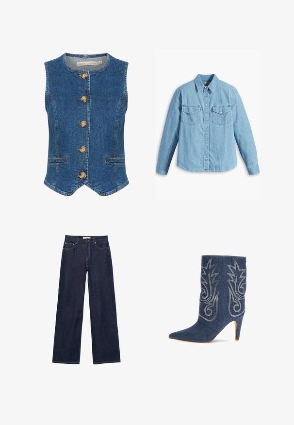 Denimvest i mørkeblå med rund halsudskæring, der har fem store, gyldne knapper fortil og to sidelommer. Glat tekstur.; Lyseblå denimskjorte med lange ærmer, spidse krave, to brystlommer, knaplukning og subtil tekstur. Ingen synlige mønstre.; Mørkeblå jeans med lige ben, forlommer, bæltestropper, knaplukning og synlige kontrastsyninger.; Denim ankelstøvle med spids tå, buet design, sølv dekorativ syning og 3-tommer stiletto hæl. Mørkeblå med struktureret finish.