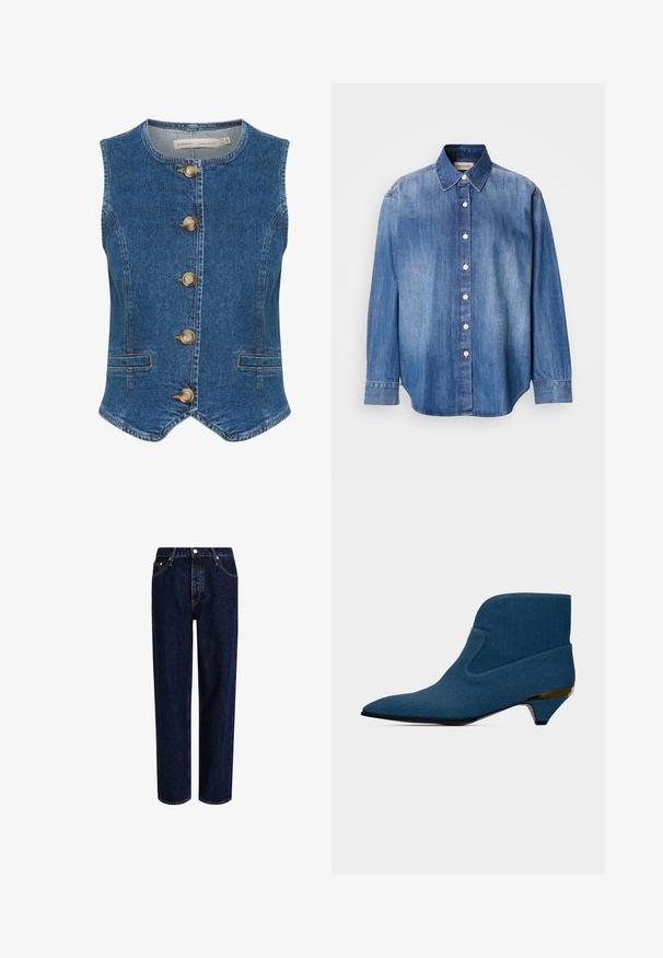 Dunkelblaue Jeansweste mit rundem Ausschnitt, ausgestattet mit fünf großen, goldenen Knöpfen auf der Vorderseite und zwei seitlichen Taschen. Glatte Textur.; Denim Knopfhemd, hellblaue Farbe, lange Ärmel, klassischer Kragen, Vorderknöpfe und leicht abgerundeter Saum. Glatte Textur.; Dunkelblaue Denim-Jeans mit geradem Bein, hoher Taille, fünf Taschen und kontrastierenden Nähten. Ohne Verzierungen.; Blauer Knöchelstiefel mit spitz zulaufender Spitze, niedrigem Kitten-Heel mit goldfarbenem Akzent und einem glatten, nahtlosen Design.