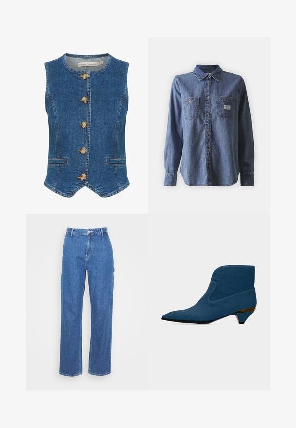 Denimvest i mørkeblå med rund halsudskæring, der har fem store, gyldne knapper fortil og to sidelommer. Glat tekstur.; Blå denim langærmet skjorte med button-down krave, to brystlommer, klassisk pasform og subtil tekstur. Label på venstre lomme.; Blå denim bukser med høj talje og lige ben, der har en frontknaplukning og sidelommer. Glat tekstur uden synlige mønstre.; Blå ankelstøvle med spids tå, lav kittenhæl med gulddetalje og et glat, sømløst design.