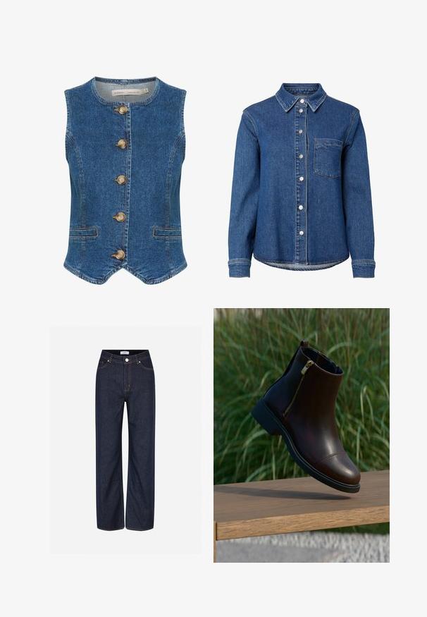 Dunkelblaue Jeansweste mit rundem Ausschnitt, ausgestattet mit fünf großen, goldenen Knöpfen auf der Vorderseite und zwei seitlichen Taschen. Glatte Textur.; Blaues Denim-Langarmhemd mit Frontknöpfen, einer einzelnen Brusttasche auf der linken Seite und einem klassischen Kragen.; Dunkelblaue Weitbeine-Jeans aus Denim mit großen Taschen, kontrastierenden orangen Nähten und einem Knopfverschluss an der Taille.; Brauner Leder-Stiefel bis zum Knöchel mit abgerundetem Zehenbereich, goldfarbenem Reißverschlussdetail und schwarzer Gummisohle, liegend auf einer Holzoberfläche.