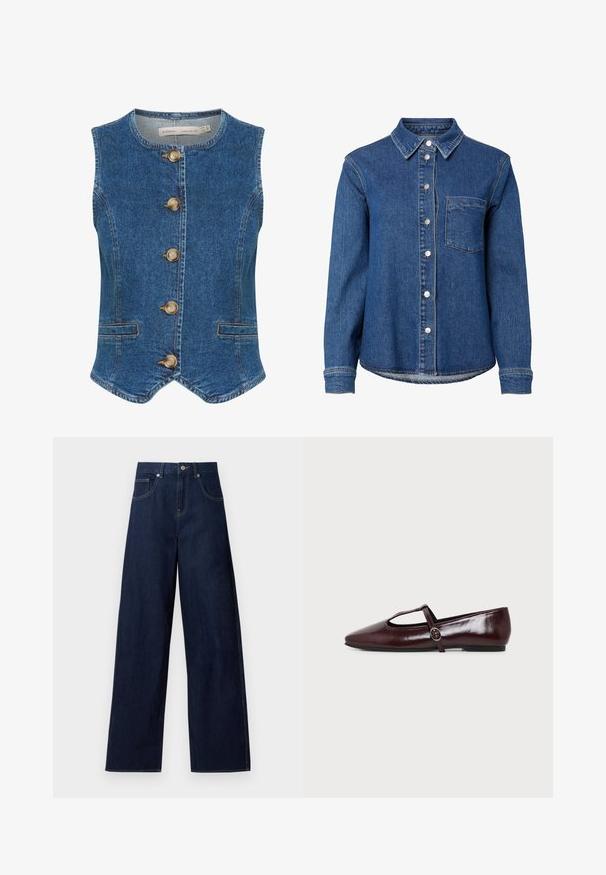 Dunkelblaue Jeansweste mit rundem Ausschnitt, ausgestattet mit fünf großen, goldenen Knöpfen auf der Vorderseite und zwei seitlichen Taschen. Glatte Textur.; Blaues Denim-Langarmhemd mit Frontknöpfen, einer einzelnen Brusttasche auf der linken Seite und einem klassischen Kragen.; Dunkelblaue Jeans mit weitem Bein, vorne mit Knöpfen und Taschen, flach auf weißem Hintergrund dargestellt.; Dunkelburgunderfarbener flacher Lederschuh mit spitzer Spitze und einem dünnen T-Riemen mit silberner Schnalle auf weißem Hintergrund.