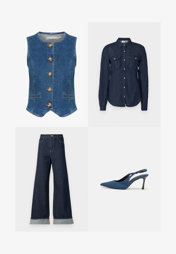 Denimvest i mørkeblå med rund halsudskæring, der har fem store, gyldne knapper fortil og to sidelommer. Glat tekstur.; Marineblå knap-up skjorte i let materiale, med to forlommer, lange ærmer og en klassisk krave med buet kant.; Bredde ben mørk denim jeans med orange syninger, med høj talje, to forlommer og opbrettede manchetter, der viser et lysblåt kontraststof.; Blå denim slingback hæle med spidse tåer, prydet med en slank sort hæl og en tekstureret stofoverdel. Åben rygdesign.
