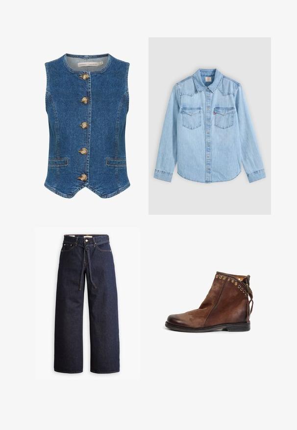 Denimvest i mørkeblå med rund halsudskæring, der har fem store, gyldne knapper fortil og to sidelommer. Glat tekstur.; Lyseblå denimskjorte med lange ærmer, knaplukning, to brystlommer med klapper og en klassisk spids krave på en grå baggrund.; Bredde ben mørkeblå denim jeans med høj talje, der har snoretræk, fem lommer og kontrastsyet detaljer.; Brun læderankelstøvle med dekorative metaløjer langs øverste kant, sidelås og lav sort hælsål.