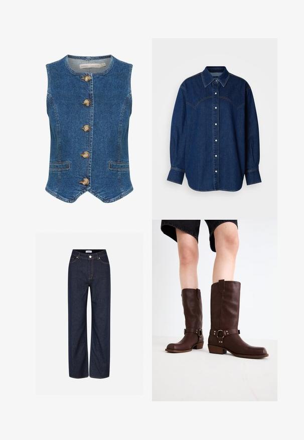 Denimvest i mørkeblå med rund halsudskæring, der har fem store, gyldne knapper fortil og to sidelommer. Glat tekstur.; Mørkeblå denimskjorte med knaplukning foran, klassisk krave, lange ærmer og kontrasterende syninger over skuldrene.; Mørkeblå vide jeans lavet af denim, med store lommer, kontrasterende orange stikninger og en knaplukning i taljen.; Brune læder knæhøje støvler med rund tå, struktureret overflade, ankelrem og sølvhardware detaljer; stablet hæl.