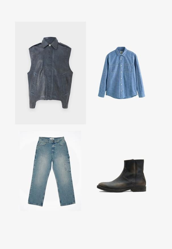 Ærmeløs mørkeblå lædervest med en struktureret krave, frontsnit og to sidelommer. Tekstureret overfladedetalje tilføjer visuel interesse.; Langærmet blå chambray-skjorte med knaplukning foran og to brystlommer, lagt fladt på en hvid baggrund.; Lyseblå denimbukser med lige pasform, der har en frontlukning med knap, fem lommer og en cargo-lomme på siden.; AllSaints LANG - Støvletter - brown