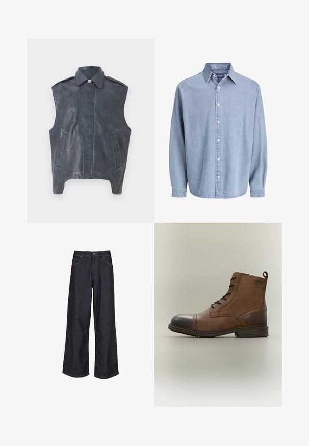 Ærmeløs mørkeblå lædervest med en struktureret krave, frontsnit og to sidelommer. Tekstureret overfladedetalje tilføjer visuel interesse.; Lysblå denim skjorte med lange ærmer og knapper, med krave og hvide knapper, præsenteret mod en helt hvid baggrund.; Mørkeblå vidde jeans lavet af denim, med et klassisk design med fem lommer, kontrastsyning og en knapgylp.; Brun læderstøvle med snørebånd, sort tåhætte, rund sål og mærket detalje på siden mod ensfarvet baggrund.
