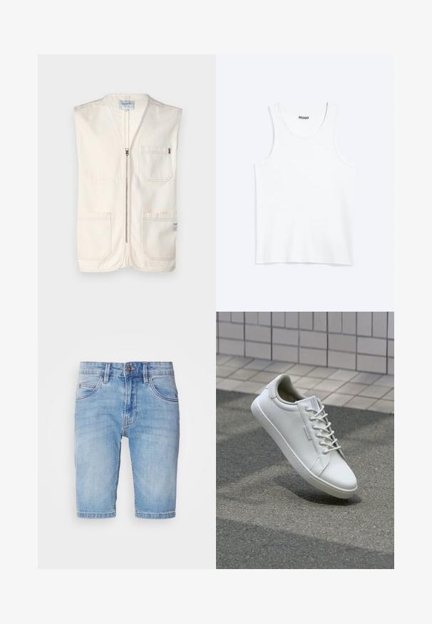 Beige ærmeløs vest lavet af bomuld, med en frontlynlås, to store frontlommer og et lille mærke på den nederste højre side.; Hvid ærmeløs tanktop med rund halsudskæring og Weekday-mærke på den indvendige baghals, vist fladt på lys baggrund.; Lyseblå denimshorts med fem-lomme-design, lynlåslukning og stikninger. Hårede ophæmninger; let bleget materiale.; Hvide sneakers lavet af tekstureret læder, med snørelukning, robust gummisål og minimalistisk design med forstærket tå.