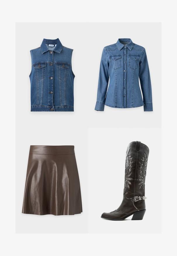 Gilet en jean bleu sans manches avec des boutons métalliques et deux poches poitrine boutonnées, avec un col classique et des détails de coutures verticales.; Chemise en denim bleu à manches longues avec col pointu, fermeture boutonnée sur le devant et deux poches poitrine à rabat avec boutons.; Jupe trapèze en cuir synthétique marron foncé avec une taille haute et une texture lisse légèrement brillante.; Botte de cowboy en cuir noir avec découpes décoratives, boucle argentée et talon incliné, présentée sur fond blanc.