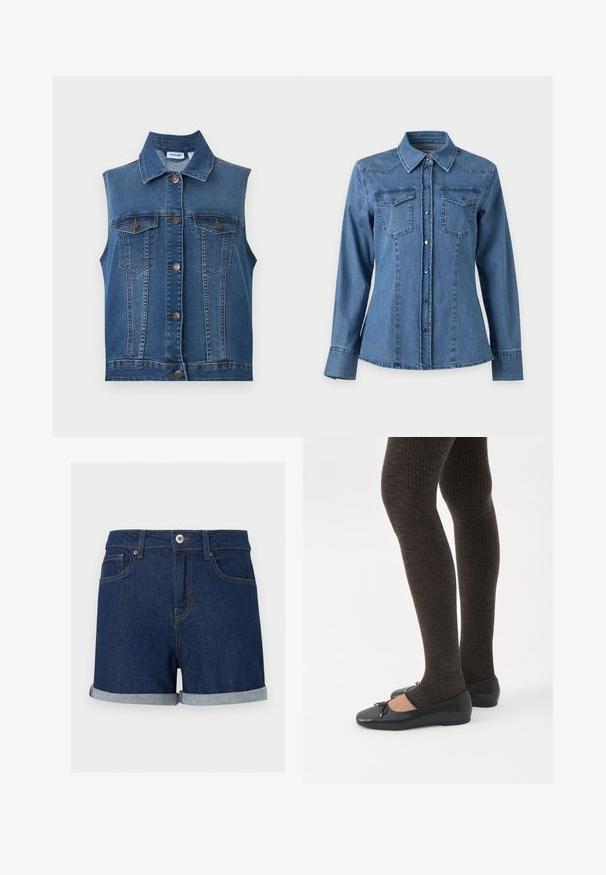Gilet en jean bleu sans manches avec des boutons métalliques et deux poches poitrine boutonnées, avec un col classique et des détails de coutures verticales.; Chemise en denim bleu à manches longues avec col pointu, fermeture boutonnée sur le devant et deux poches poitrine à rabat avec boutons.; Short en denim bleu foncé avec ourlets pliés, fermeture à boutons et zip à l'avant, et poches avant sur fond uni.; Jambes portant des leggings côtelés foncés associés à des ballerines noires avec de petits détails en nœud sur fond blanc.