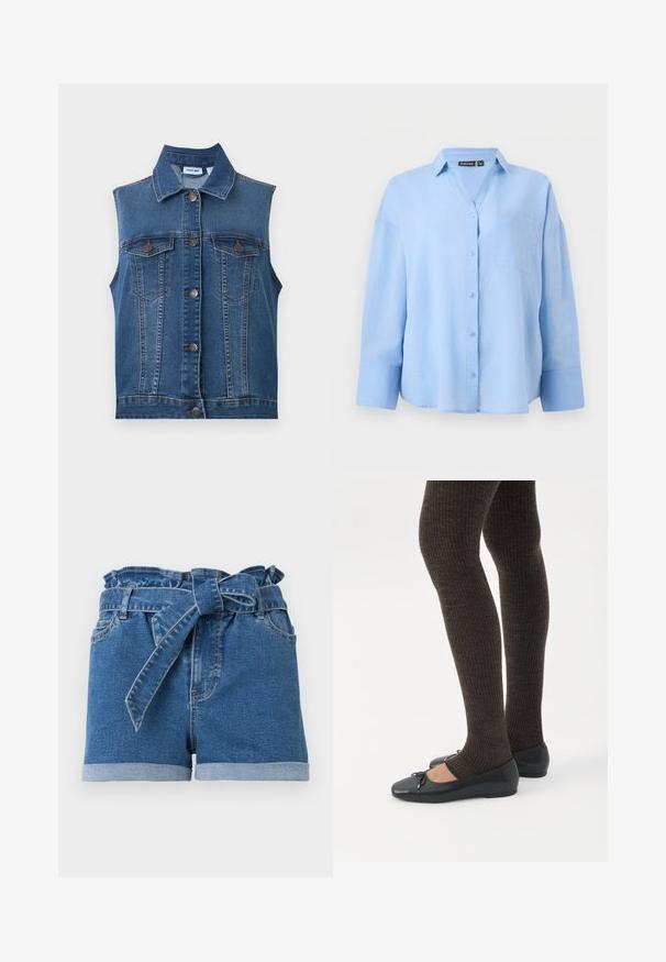Gilet en jean bleu sans manches avec des boutons métalliques et deux poches poitrine boutonnées, avec un col classique et des détails de coutures verticales.; Chemise bleu clair à manches longues, boutonnée, avec col et poche poitrine, présentée sur un fond clair uni.; Shorts en denim bleu avec ourlets roulés et taille haute, dotés d'une ceinture en tissu nouée et de passants de ceinture.; Jambes portant des leggings côtelés foncés associés à des ballerines noires avec de petits détails en nœud sur fond blanc.