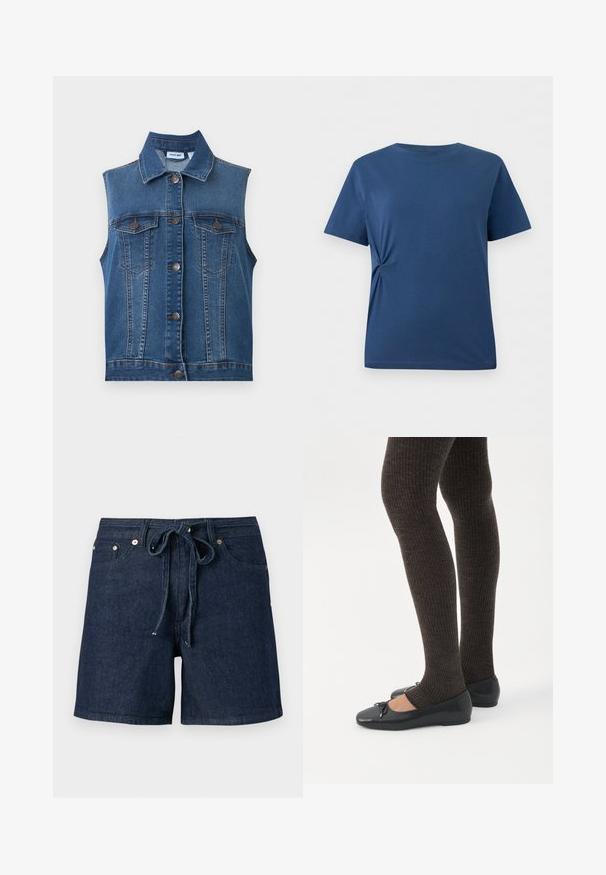 Gilet en jean bleu sans manches avec des boutons métalliques et deux poches poitrine boutonnées, avec un col classique et des détails de coutures verticales.; T-shirt bleu à manches courtes avec un subtil nœud latéral à la taille gauche, présenté sur fond blanc.; Shorts en denim bleu foncé avec poches avant et ceinture en tissu nouée à la taille, présentés sur un fond gris uni.; Jambes portant des leggings côtelés foncés associés à des ballerines noires avec de petits détails en nœud sur fond blanc.