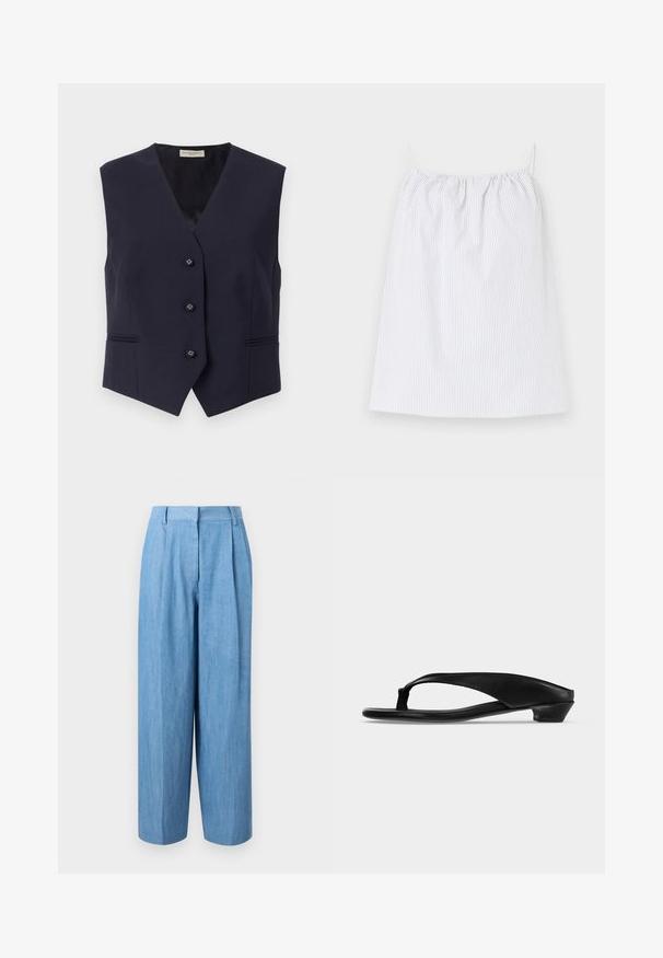 Gilet sans manches bleu marine en tissu lisse. Présente un décolleté en V profond, cinq boutons et deux poches horizontales avec des détails de couture subtils.; Robe blanche sans manches avec fines rayures noires verticales et encolure froncée, posée à plat sur un fond clair.; Pantalon bleu clair à taille haute et jambes larges, avec plis à l'avant et poches latérales, présenté sur un fond blanc uni.; Sandale noire à petit talon avec une large bride et lanière entre les orteils, vue de profil sur un fond gris clair uni.