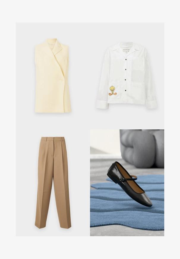 Ärmelloser gelber Blazer mit Spitzkragen, Einzelknopfverschluss und taillierter Form. Sanfter Stoff mit glatter Struktur.; Weißes Hemd mit Knopfverschluss, Brusttasche und zwei Fronttaschen. Über der unteren Tasche ist ein gedruckter Cartoon-Vogel abgebildet. Glatte Textur.; Beige maßgeschneiderte Hose mit hoher Taille, gefaltetem Vorderteil und weitem Bein. Der Stoff wirkt glatt mit einem leichten Glanz.; Schwarzer Mary-Jane-Schuh aus Leder mit Schnallenriemen, präsentiert auf einem strukturierten blauen Teppich, mit einem unscharfen grauen, gepolsterten Sofa im Hintergrund.