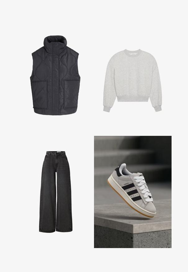Sort quiltet ærmeløs vest med høj krave og to store forlommer foran, designet til varme og afslappet brug.; Grå cropped sweatshirt med rund halsudskæring, droppe skuldre, lange ærmer med ribbede manchetter, lavet af blødt bomuldsblandingsmateriale, minimal tekstur.; Sort cowboybukser med vidde i benene og høj talje. Slidstærkt stof med lommer og synlige syningsdetaljer. Rent, minimalistisk design.; Grå Adidas Campus-sneaker med sorte striber og hvide snørebånd, der svæver over en betonkant med trapper i baggrunden.