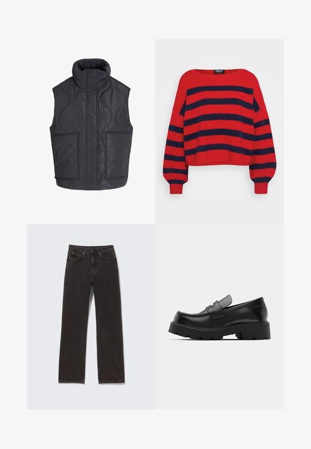 Sort quiltet ærmeløs vest med høj krave og to store forlommer foran, designet til varme og afslappet brug.; Rød strikket sweater med marineblå vandrette brede striber, lange ærmer, rund halsudskæring og ribbede manchetter og kant.; Sorte denimjeans med lige ben, for- og baglommer, knap- og lynlåslukning, vist fladt på en lys baggrund.; Sorte læder loafers med en chunky tekstureret sål, der har en rem over vamps og en glat, poleret finish.