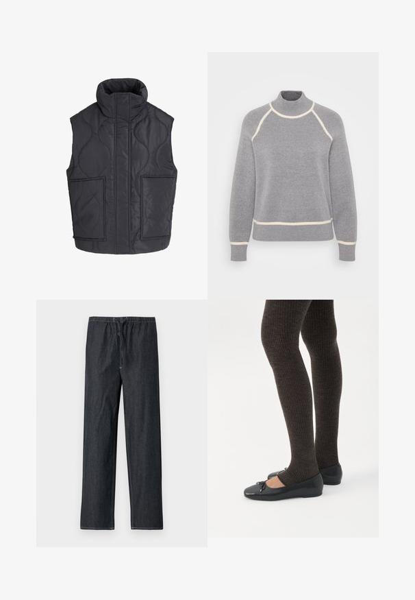 Zwarte gewatteerde mouwloze bodywarmer met hoge kraag en twee grote voorzakken, ontworpen voor warmte en casual gebruik.; Grijze pullover trui met een hoge hals, geribbelde textuur en crèmekleurige afwerking langs de kraag en de onderrand. Heeft een raglan mouwontwerp.; Donkere spijkerbroek met een elastische tailleband en een trekkoord, uitgevoerd met een rechte pijp en contrasterende stiksels.; Benen met donkere geribbelde leggings gecombineerd met zwarte ballerina's met kleine strikdetails op een witte achtergrond.