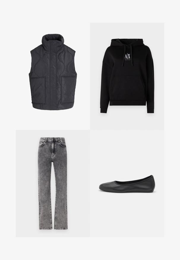 Zwarte gewatteerde mouwloze bodywarmer met hoge kraag en twee grote voorzakken, ontworpen voor warmte en casual gebruik.; Zwarte hoodie met een voorzak, trekkoorden en een logo met "A|X" op de borst. Gemaakt van zachte stof met een relaxed fit.; Grijze denim hoge taille jeans met een rechte pijp, featuring subtiele wassing en standaard vijf-pocket stijl.; Zwarte leren ballerina met een ronde neus, gladde textuur, minimale stikdetails en een flexibele zoolontwerp.
