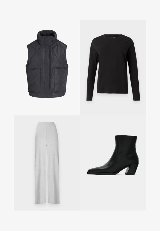 Sort quiltet ærmeløs vest med høj krave og to store forlommer foran, designet til varme og afslappet brug.; Sort langærmet t-shirt lavet af bomuld med rund hals. Har en glat tekstur og et simpel design, velegnet til afslappet brug.; Lysegrå ribbede bukser med bredt ben og høj talje samt en frontsplit. Fremstillet af blødt stof med en glat tekstur.; Sortlæder ankelstøvle med spids tå, en slank silhuet og en kraftig firkantet hæl. Glat tekstur med minimale stikninger.