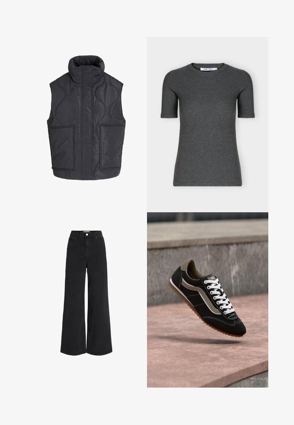 Sort quiltet ærmeløs vest med høj krave og to store forlommer foran, designet til varme og afslappet brug.; Mørkegrå strikket T-shirt med korte ærmer, rund hals, slank pasform og ensfarvet design vist på hvid baggrund.; Breddebenede sorte denimjeans med fem lomme-design, høj talje og knaplukning. Har diskret syninger og en ren finish.; Sort og beige sneaker med hvide snørebånd og gummisål, svævende over en stensurface og grå betonbaggrund.