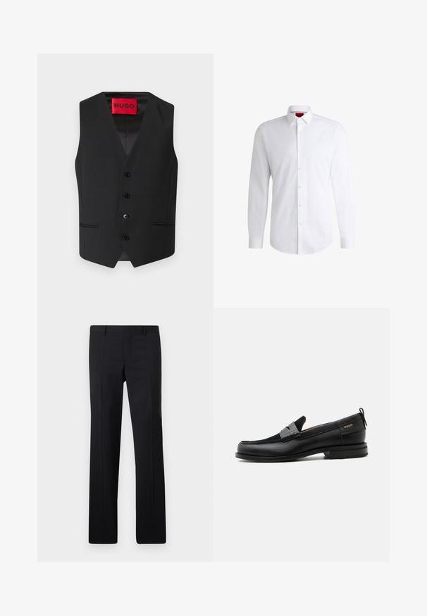Chaleco negro con textura suave, diseño en V, cierre frontal con cinco botones y dos bolsillos laterales. La etiqueta dice "HUGO" en rojo.; Camisa blanca de botones, confeccionada en tela suave, con collar clásico, mangas largas y dobladillo curvado. Presenta botones beige en la parte delantera.; Pantalones negros ajustados con un diseño de pierna recta, pliegues marcados y un acabado suave. Fabricados en tejido ligero con una cintura limpia.; Mocasín de cuero negro con detalle de tira gris, tacón bajo y suela texturizada, con la marca "HUGO" en oro en el lateral.