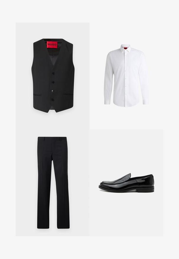 Chaleco negro con textura suave, diseño en V, cierre frontal con cinco botones y dos bolsillos laterales. La etiqueta dice "HUGO" en rojo.; Camisa blanca de botones, confeccionada en tela suave, con collar clásico, mangas largas y dobladillo curvado. Presenta botones beige en la parte delantera.; Pantalones negros ajustados con un diseño de pierna recta, pliegues marcados y un acabado suave. Fabricados en tejido ligero con una cintura limpia.; Zapato de vestir negro de piel brillante tipo slip-on con tacón bajo y punta redondeada, visto de lado sobre un fondo blanco liso.