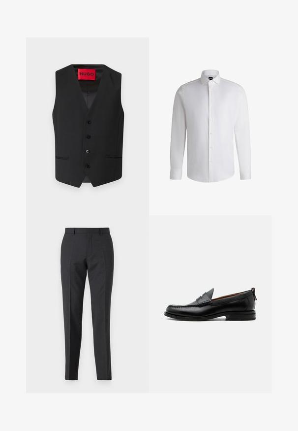Chaleco negro con textura suave, diseño en V, cierre frontal con cinco botones y dos bolsillos laterales. La etiqueta dice "HUGO" en rojo.; Camisa blanca de manga larga hecha de algodón suave, con un cuello clásico, botonera completa y puños abotonados. Diseño minimalista.; Pantalones de traje gris oscuro con un corte recto, que cuentan con bolsillos laterales y una textura sutil. Los cierres incluyen una cremallera y presillas para cinturón.; Mocasín de hombre de piel negra con costura moc toe, tira penny, cuello texturizado y tacón bajo apilado sobre fondo blanco.
