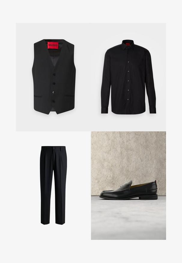 Zwarte colbert met een gladde textuur, V-hals ontwerp, vijf knopen aan de voorkant en twee zijzakken. Label leest "HUGO" in het rood.; Zwarte longsleeve shirt van gladde stof, met een klassieke kraag, knoopsluiting aan de voorkant en een getailleerde pasvorm.; Zwarte broek van gladde stof, met een rechte pijpdesign, plooien aan de voorkant en een knoopsluiting met riemlussen.; Zwarte leren herenslipper met een krokodillen-embossed voorblad en een lage hak, zij-aanzicht op een neutrale achtergrond.