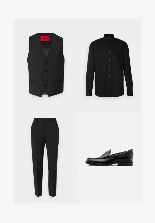 Chaleco negro con textura suave, diseño en V, cierre frontal con cinco botones y dos bolsillos laterales. La etiqueta dice "HUGO" en rojo.; Camisa negra de manga larga hecha de una tela suave, con un cuello clásico con tapa, cierre frontal de botones y un ajuste entallado.; Pantalones negros con un diseño a medida, con frente plano, detalles de pliegue y un corte ajustado. Fabricados con una tela suave para un aspecto refinado.; Mocasín de hombre de piel negra con costura moc toe, tira penny, cuello texturizado y tacón bajo apilado sobre fondo blanco.