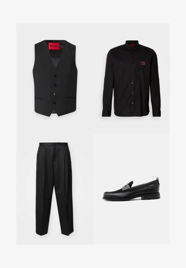 Chaleco negro con textura suave, diseño en V, cierre frontal con cinco botones y dos bolsillos laterales. La etiqueta dice "HUGO" en rojo.; Camisa negra de manga larga hecha de tela suave, con cierre de botones, cuello clásico y un pequeño parche de marca en rojo en el pecho.; Pantalones negros ajustados con cintura alta, perneras anchas y pliegues marcados. Fabricados en un tejido suave con trabillas para el cinturón y sin hardware visible.; Mocasín de cuero negro con detalle de tira gris, tacón bajo y suela texturizada, con la marca "HUGO" en oro en el lateral.