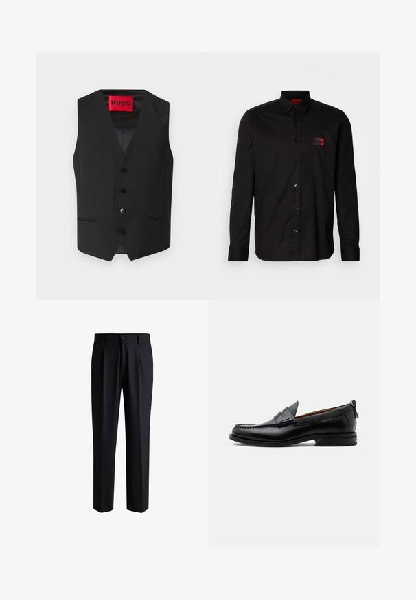 Chaleco negro con textura suave, diseño en V, cierre frontal con cinco botones y dos bolsillos laterales. La etiqueta dice "HUGO" en rojo.; Camisa negra de manga larga hecha de tela suave, con cierre de botones, cuello clásico y un pequeño parche de marca en rojo en el pecho.; Pantalones negros de tela suave, con un diseño de pierna recta, pliegues en la parte delantera y cierre de botón con trabillas para cinturón.; Mocasín de hombre de piel negra con costura moc toe, tira penny, cuello texturizado y tacón bajo apilado sobre fondo blanco.