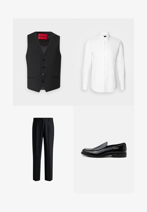 Sort jakkesæt vest med en glat tekstur, V-hals design, fem knaplukninger foran og to sidelommer. Etiketten står "HUGO" i rødt.; Hvid skjorte med lange ærmer, knaplukning foran, klassisk krave, lavet af glat stof med en subtil tekstur, designet til et tætsiddende udseende.; Sorte bukser lavet af glat stof, med lige ben-design, plisseringer foran og knaplukning med bæltestropper.; Sort blankt læder slip-on selskabssko med lav hæl og rundet tå set fra siden på hvid baggrund.