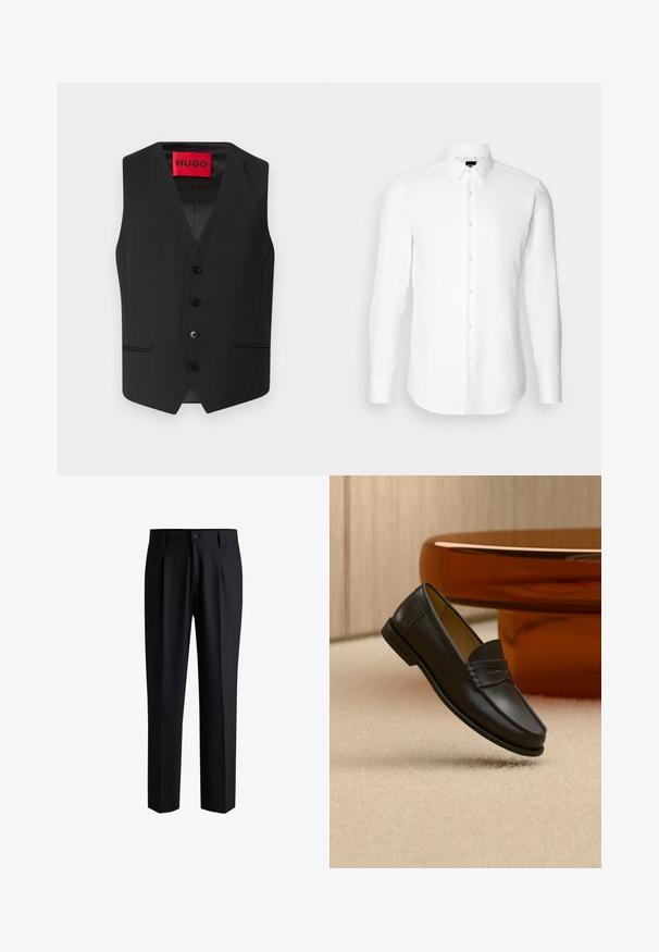 Chaleco negro con textura suave, diseño en V, cierre frontal con cinco botones y dos bolsillos laterales. La etiqueta dice "HUGO" en rojo.; Camisa blanca de manga larga, con cierre de botones en el frente, cuello clásico, confeccionada con una tela suave con una textura sutil, diseñada para un ajuste entallado.; Pantalones negros de tela suave, con un diseño de pierna recta, pliegues en la parte delantera y cierre de botón con trabillas para cinturón.; Zapato mocasín de cuero negro suspendido sobre una alfombra beige con muebles modernos de color ámbar en el fondo.